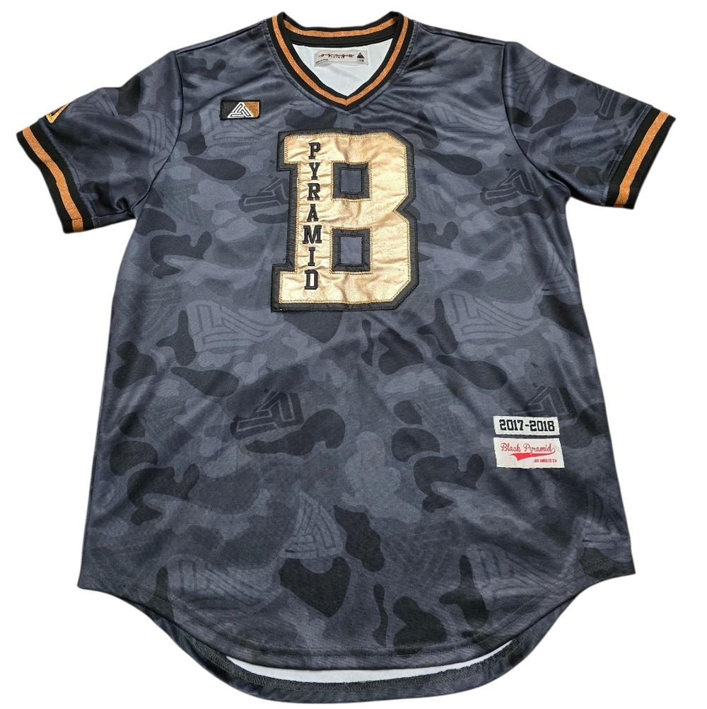 Black Pyramid Jersey Shirt Mens Baseball V Neck Gold #89 Short Sleeve Sz L